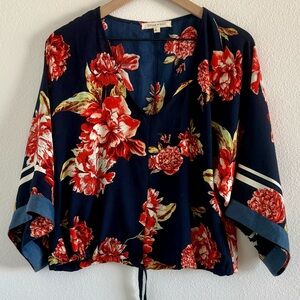 Living Doll LA Women Navy Floral Print Kimono Style Blouse Size Small